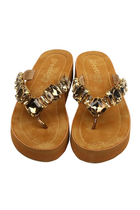 Shop Feetoes Shoes Brown Stones Embellished Faux Leather Wedges at Aza Fashions Shop_Feetoes Shoes_Brown Stones Embellished Faux Leather Wedges_at_Aza_Fashions