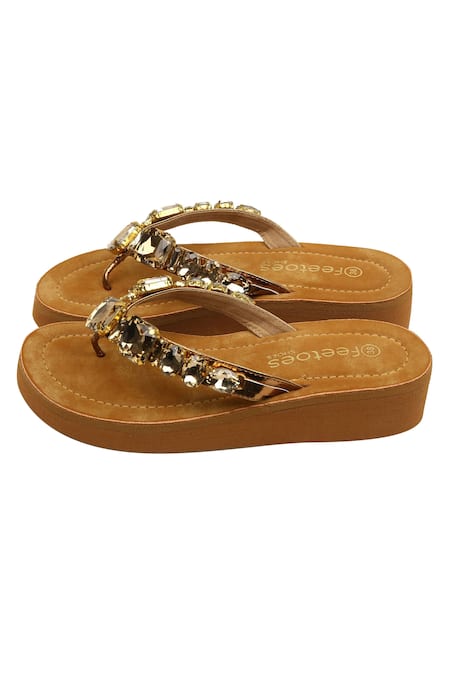 Feetoes Shoes Brown Stones Embellished Faux Leather Wedges Online at Aza Fashions Feetoes Shoes_Brown Stones Embellished Faux Leather Wedges_Online_at_Aza_Fashions