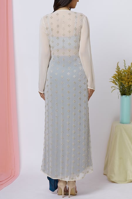 Shop Aariyana Couture Blue Georgette, Silk Embroidery Sweetheart , Open Draped Skirt Set at Aza Fashions Shop_Aariyana Couture_Blue Georgette, Silk Embroidery Sweetheart , Open Draped Skirt Set_at_Aza_Fashions