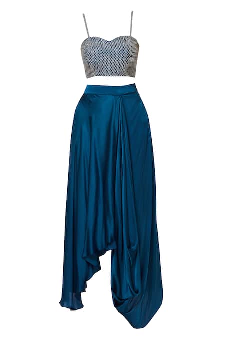 Aariyana Couture Blue Georgette, Silk Embroidery Sweetheart , Open Draped Skirt Set Online at Aza Fashions Aariyana Couture_Blue Georgette, Silk Embroidery Sweetheart , Open Draped Skirt Set_Online_at_Aza_Fashions