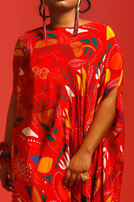 Label Shristi Chetani_Red Natural Crepe Digital Round Print Side-draped Gown _Online_at_Aza_Fashions