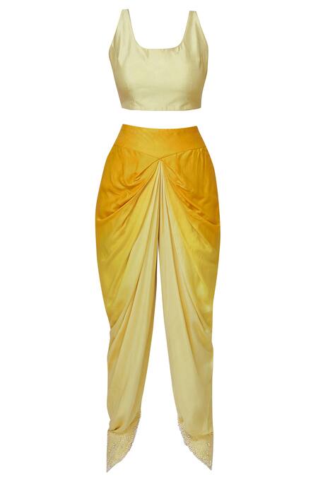 Buy_Aariyana Couture_Yellow Modal, Satin Pearls Asymmetric Embroidered Cape Dhoti Pant Set_Online_at_Aza_Fashions