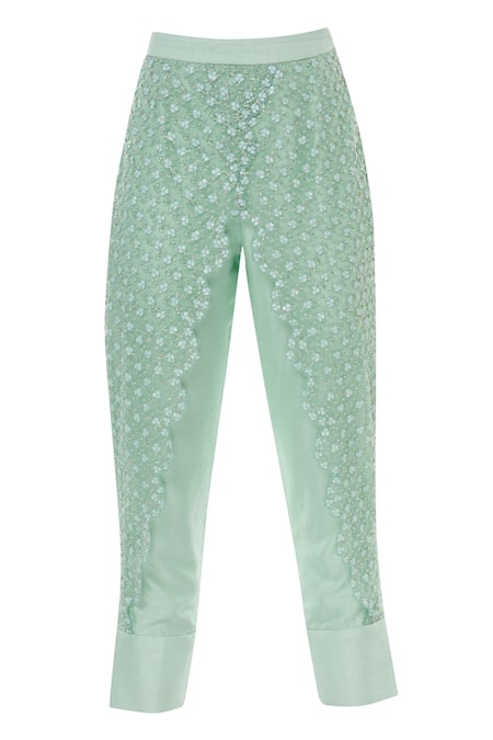 Shop_Aariyana Couture_Green Georgette, Silk Sequins, Embroidery V-neck Top Pant Set _Online_at_Aza_Fashions
