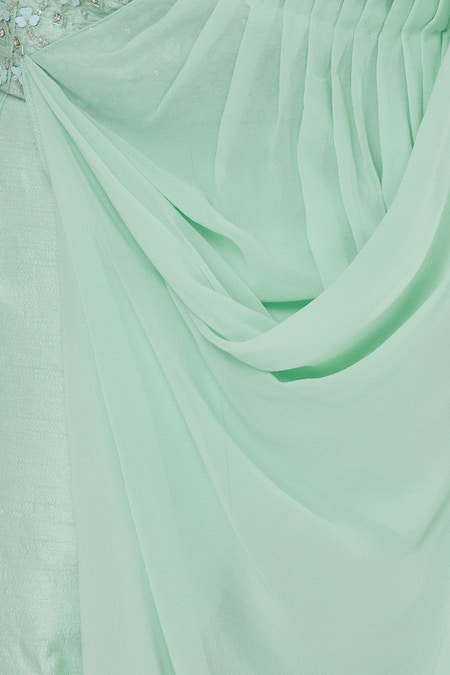 Aariyana Couture_Green Georgette, Silk Sequins, Embroidery V-neck Top Pant Set _at_Aza_Fashions