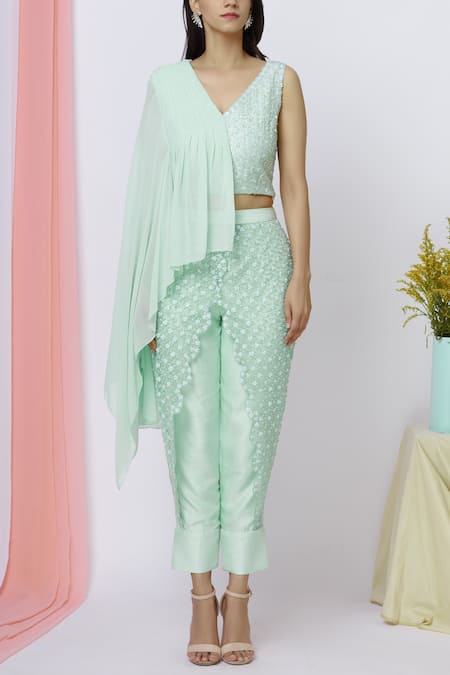 Aariyana Couture_Green Georgette, Silk Sequins, Embroidery V-neck Top Pant Set _Online_at_Aza_Fashions