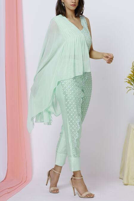 Buy_Aariyana Couture_Green Georgette, Silk Sequins, Embroidery V-neck Top Pant Set _Online_at_Aza_Fashions