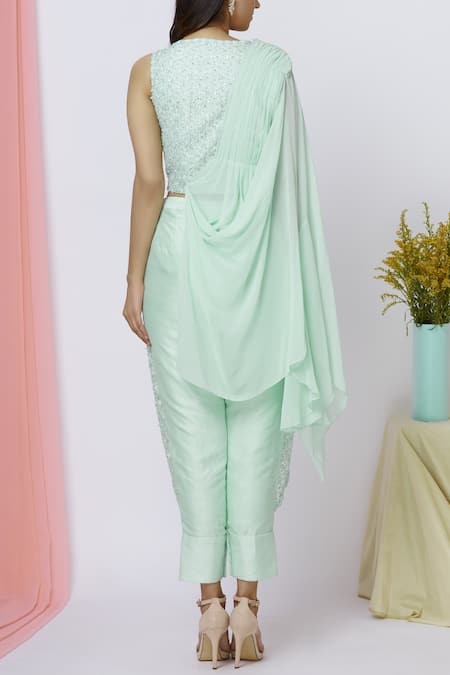 Shop_Aariyana Couture_Green Georgette, Silk Sequins, Embroidery V-neck Top Pant Set _at_Aza_Fashions