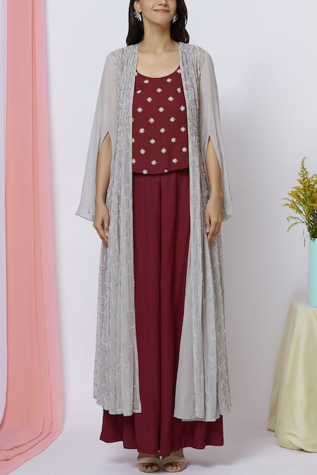 Aariyana Couture_Grey Georgette Beads Round , Open Embroidered Jacket Palazzo Set _Online_at_Aza_Fashions