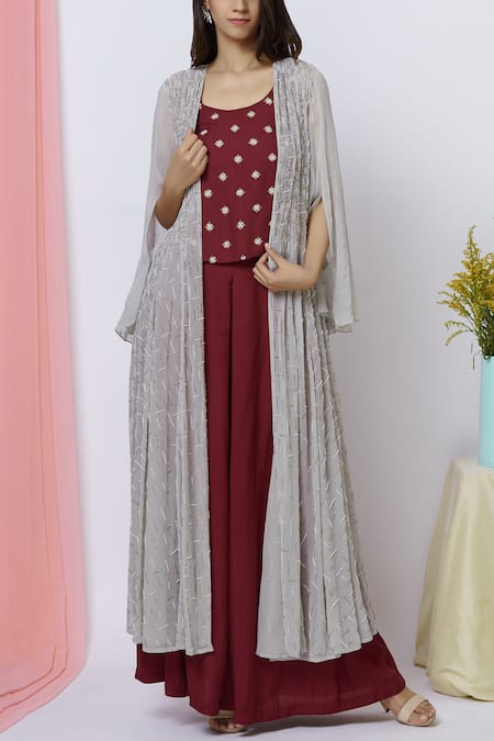 Buy_Aariyana Couture_Grey Georgette Beads Round , Open Embroidered Jacket Palazzo Set _Online_at_Aza_Fashions