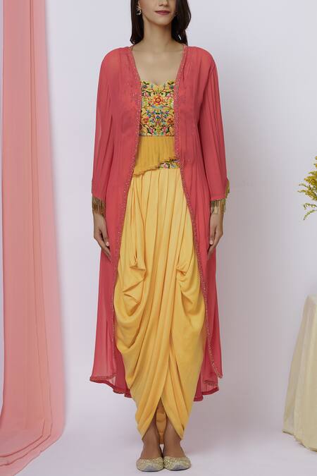 Aariyana Couture Coral Georgette, Ramie Embroidery, Sequins, Beads Cape Draped Skirt Set Online at Aza Fashions Aariyana Couture_Coral Georgette, Ramie Embroidery, Sequins, Beads Cape Draped Skirt Set_Online_at_Aza_Fashions