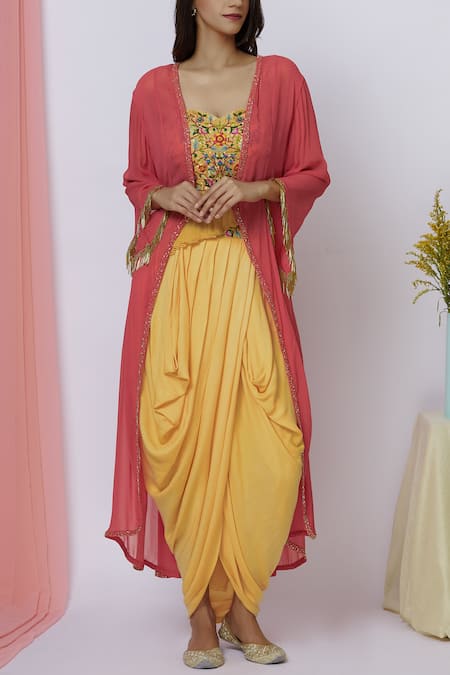 Buy Aariyana Couture Coral Georgette, Ramie Embroidery, Sequins, Beads Cape Draped Skirt Set Online at Aza Fashions Buy_Aariyana Couture_Coral Georgette, Ramie Embroidery, Sequins, Beads Cape Draped Skirt Set_Online_at_Aza_Fashions