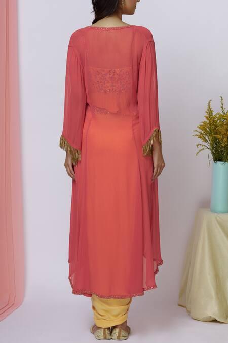 Shop Aariyana Couture Coral Georgette, Ramie Embroidery, Sequins, Beads Cape Draped Skirt Set at Aza Fashions Shop_Aariyana Couture_Coral Georgette, Ramie Embroidery, Sequins, Beads Cape Draped Skirt Set_at_Aza_Fashions