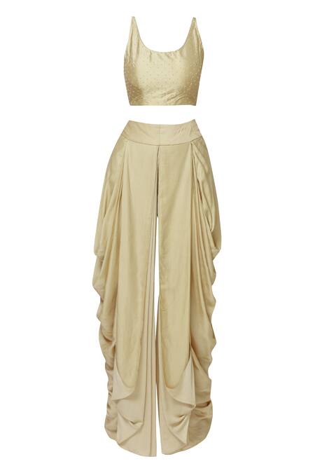 Shop_Ariyana By Aza_Gold Modal, Net, Georgette, Silk, Satin Beads, Embroidered Cape Dhoti Pant Set _Online_at_Aza_Fashions