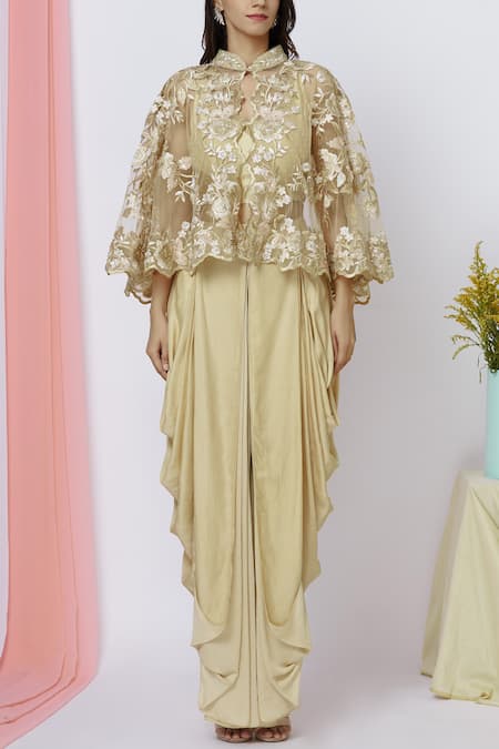 Ariyana By Aza_Gold Modal, Net, Georgette, Silk, Satin Beads, Embroidered Cape Dhoti Pant Set _Online_at_Aza_Fashions