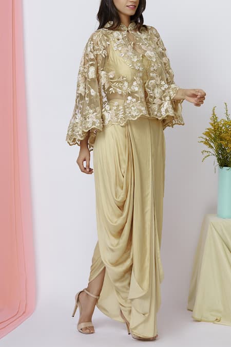 Buy_Ariyana By Aza_Gold Modal, Net, Georgette, Silk, Satin Beads, Embroidered Cape Dhoti Pant Set _Online_at_Aza_Fashions