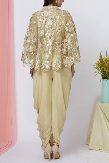 Shop_Ariyana By Aza_Gold Modal, Net, Georgette, Silk, Satin Beads, Embroidered Cape Dhoti Pant Set _at_Aza_Fashions