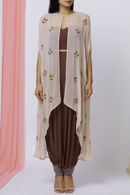 Aariyana Couture_Beige Georgette, Mohair Embroidery Sweetheart Neck Cape Pant Set_Online_at_Aza_Fashions