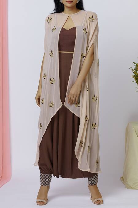 Buy_Aariyana Couture_Beige Georgette, Mohair Embroidery Sweetheart Neck Cape Pant Set_Online_at_Aza_Fashions