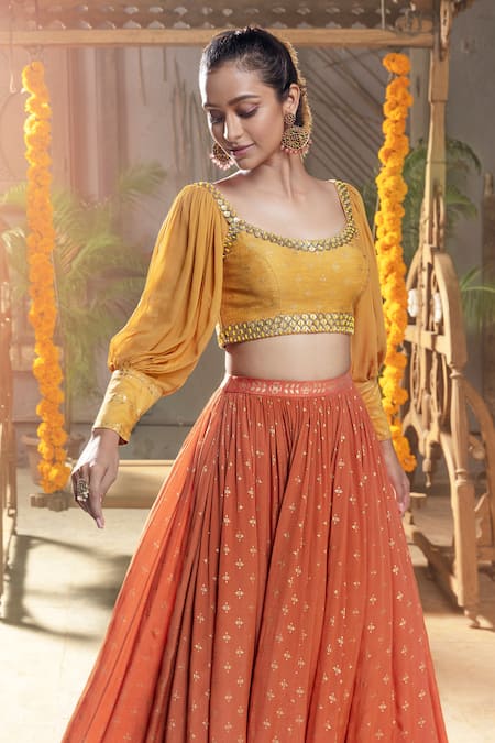 Buy_Salian By Anushree_Orange Lehenga Crepe Blouse Silk Printed Set _Online_at_Aza_Fashions