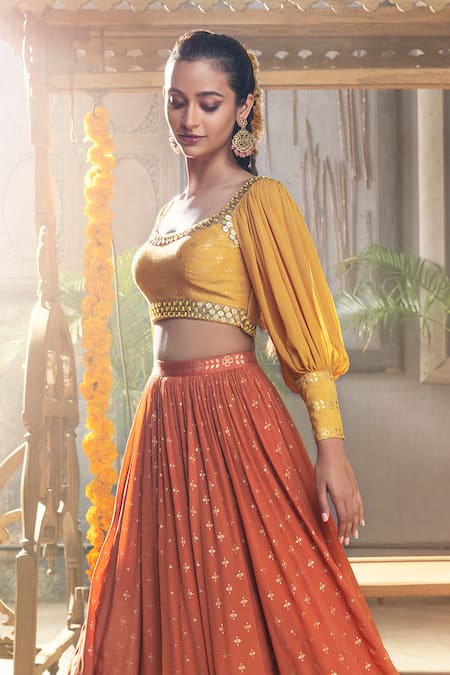 Buy Orange Blouse And Lehenga Raw Silk Digital Printed Peacock Bridal Set  For Women by Archana Kochhar Online at Aza Fashions.