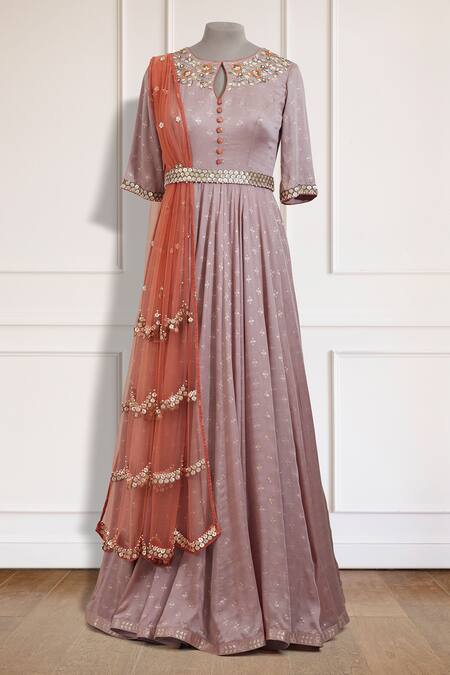 Salian By Anushree_Purple Anarkali Modal Satin Dupatta Net Printed With_Online_at_Aza_Fashions