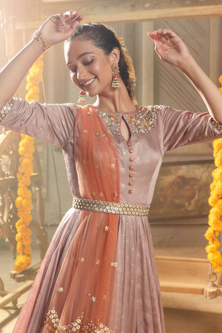 Salian By Anushree_Purple Anarkali Modal Satin Dupatta Net Printed With_at_Aza_Fashions