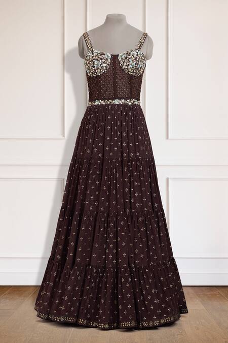 Salian By Anushree_Brown Crepe Embroidered Corset Gown_Online_at_Aza_Fashions