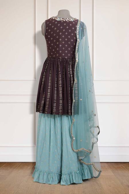 Shop Salian By Anushree Brown Kurta Silk, Satin Pant Crepe Dupatta Net Printed Set at Aza Fashions Shop_Salian By Anushree_Brown Kurta Silk, Satin Pant Crepe Dupatta Net Printed Set_at_Aza_Fashions