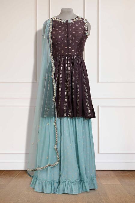 Salian By Anushree Brown Kurta Silk, Satin Pant Crepe Dupatta Net Printed Set Online at Aza Fashions Salian By Anushree_Brown Kurta Silk, Satin Pant Crepe Dupatta Net Printed Set_Online_at_Aza_Fashions