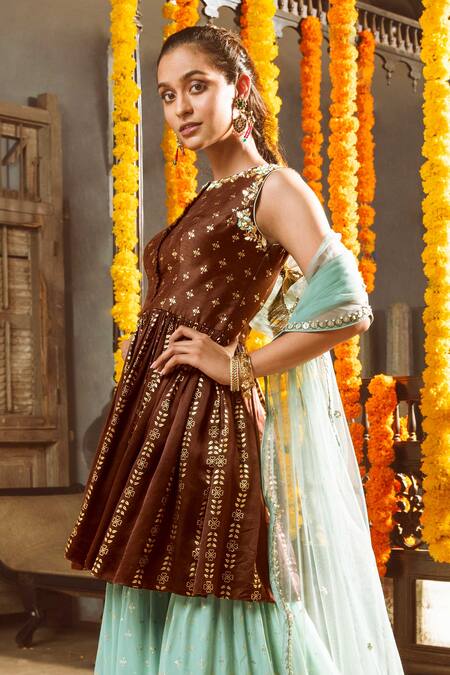 Shop Salian By Anushree Brown Kurta Silk, Satin Pant Crepe Dupatta Net Printed Set Online at Aza Fashions Shop_Salian By Anushree_Brown Kurta Silk, Satin Pant Crepe Dupatta Net Printed Set_Online_at_Aza_Fashions