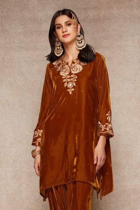 Ajiesh Oberoi_Yellow Velvet Kurta And Salwar Set _Online_at_Aza_Fashions