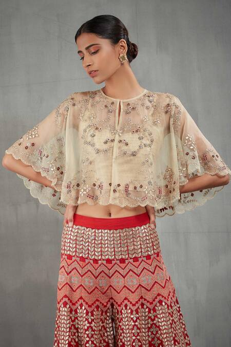 Kavita Bhartia_Beige Organza Blouse Scoop Cape Round Embroidered Pant Set With  _Online_at_Aza_Fashions