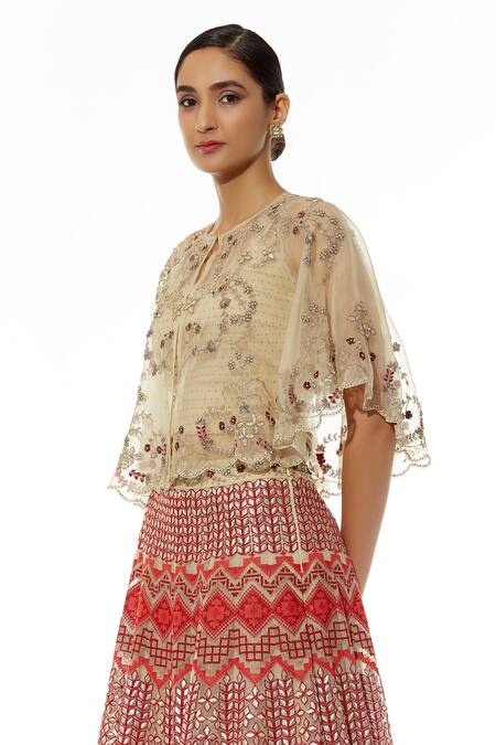 Kavita Bhartia_Beige Organza Blouse Scoop Cape Round Embroidered Lehenga Set With _Online_at_Aza_Fashions