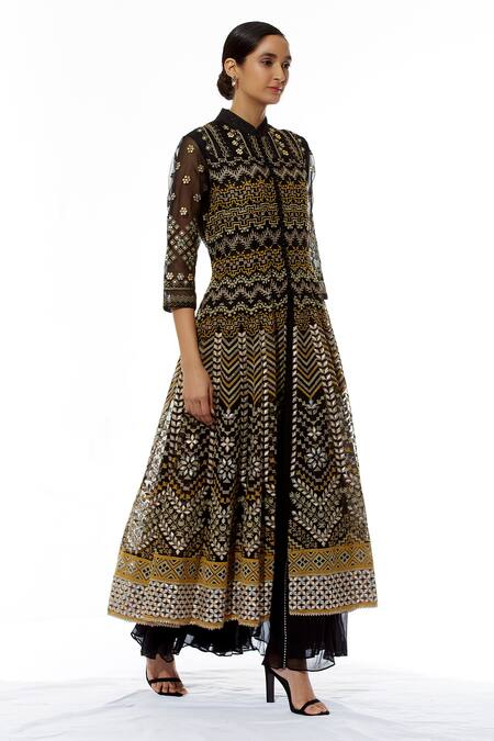 Kavita Bhartia Black Organza, Chiffon Band Collar Embroidered Anarkali And Palazzo Set Online at Aza Fashions Kavita Bhartia_Black Organza, Chiffon Band Collar Embroidered Anarkali And Palazzo Set _Online_at_Aza_Fashions