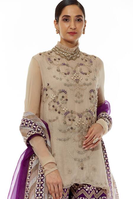 Shop Kavita Bhartia Beige Organza Band Collar Embroidered Kurta Palazzo Set Online at Aza Fashions Shop_Kavita Bhartia_Beige Organza Band Collar Embroidered Kurta Palazzo Set _Online_at_Aza_Fashions