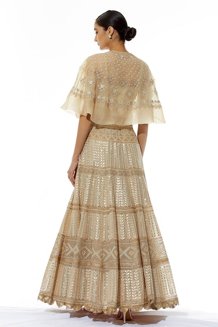Shop Kavita Bhartia Beige Organza Blouse Scoop Cape Round Embroidered Lehenga Set With at Aza Fashions Shop_Kavita Bhartia_Beige Organza Blouse Scoop Cape Round Embroidered Lehenga Set With _at_Aza_Fashions