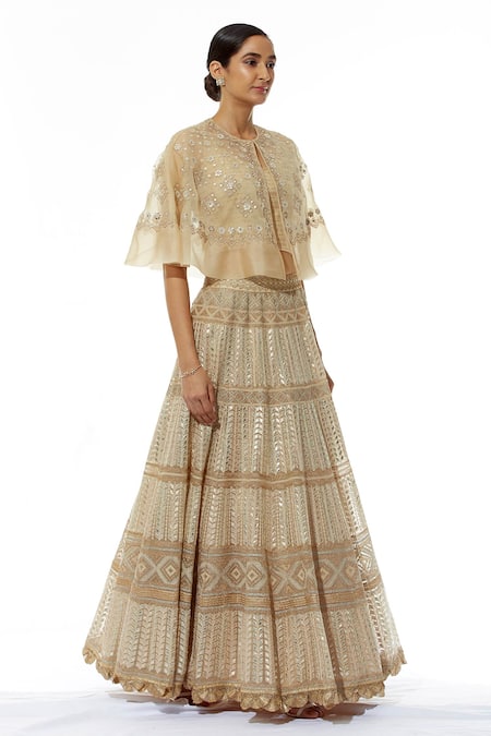 Kavita Bhartia Beige Organza Blouse Scoop Cape Round Embroidered Lehenga Set With Online at Aza Fashions Kavita Bhartia_Beige Organza Blouse Scoop Cape Round Embroidered Lehenga Set With _Online_at_Aza_Fashions