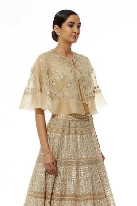 Buy Kavita Bhartia Beige Organza Blouse Scoop Cape Round Embroidered Lehenga Set With Online at Aza Fashions Buy_Kavita Bhartia_Beige Organza Blouse Scoop Cape Round Embroidered Lehenga Set With _Online_at_Aza_Fashions