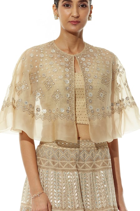 Shop Kavita Bhartia Beige Organza Blouse Scoop Cape Round Embroidered Lehenga Set With Online at Aza Fashions Shop_Kavita Bhartia_Beige Organza Blouse Scoop Cape Round Embroidered Lehenga Set With _Online_at_Aza_Fashions