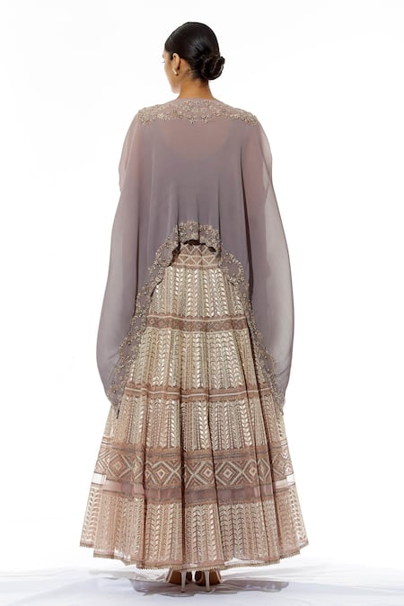Shop Kavita Bhartia Pink Organza Anarkali Scoop Cape Round Embroidered With at Aza Fashions Shop_Kavita Bhartia_Pink Organza Anarkali Scoop Cape Round Embroidered With _at_Aza_Fashions