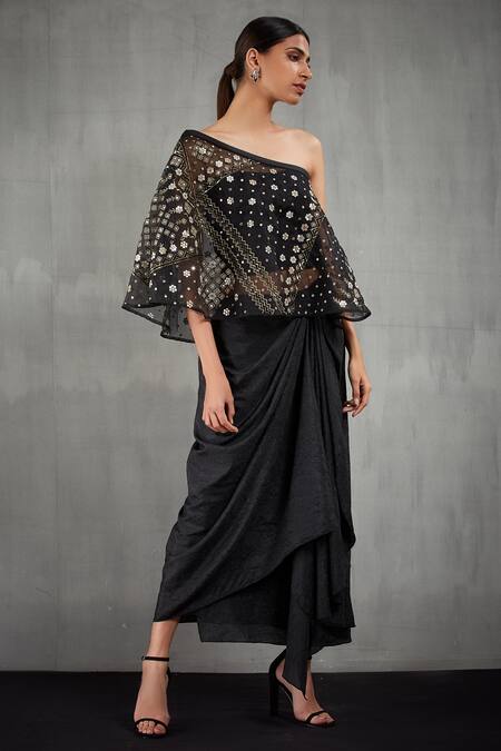 Kavita Bhartia Black Organza One Shoulder Embroidered Cape With Draped Skirt Online at Aza Fashions Kavita Bhartia_Black Organza One Shoulder Embroidered Cape With Draped Skirt _Online_at_Aza_Fashions