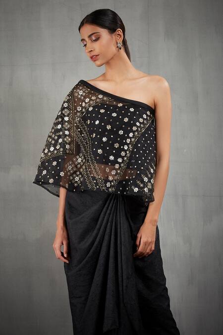 Buy Kavita Bhartia Black Organza One Shoulder Embroidered Cape With Draped Skirt Online at Aza Fashions Buy_Kavita Bhartia_Black Organza One Shoulder Embroidered Cape With Draped Skirt _Online_at_Aza_Fashions