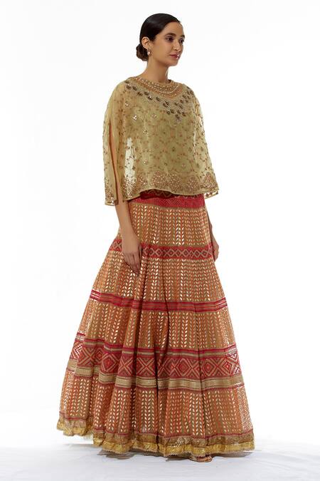 Kavita Bhartia_Orange Organza Round Embroidered Lehenga Set _Online_at_Aza_Fashions