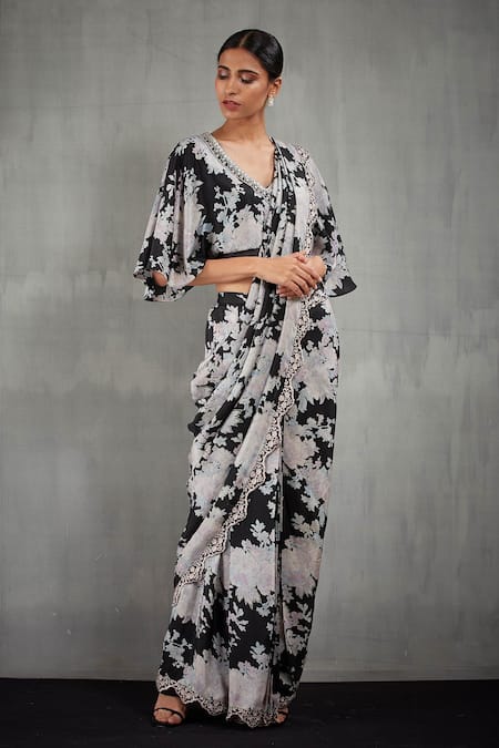 Kavita Bhartia Black Silk V Neck Pre-draped Printed Saree  