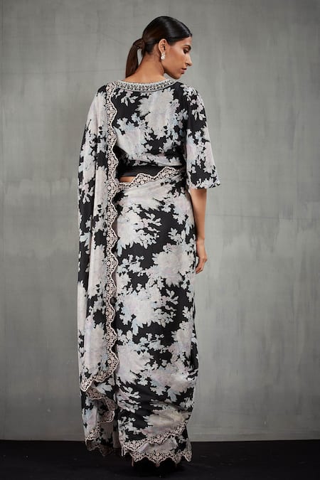 Shop Kavita Bhartia Black Silk V Neck Pre-draped Printed Saree at Aza Fashions Shop_Kavita Bhartia_Black Silk V Neck Pre-draped Printed Saree _at_Aza_Fashions