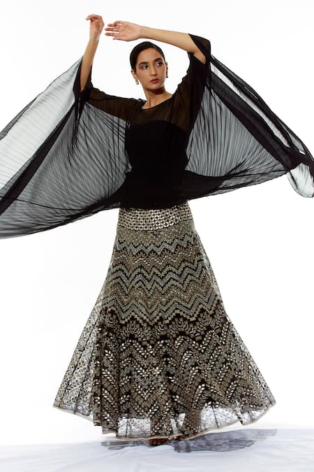 Kavita Bhartia_Black Georgette Boat Embroidered Lehenga With Organza Top _Online_at_Aza_Fashions