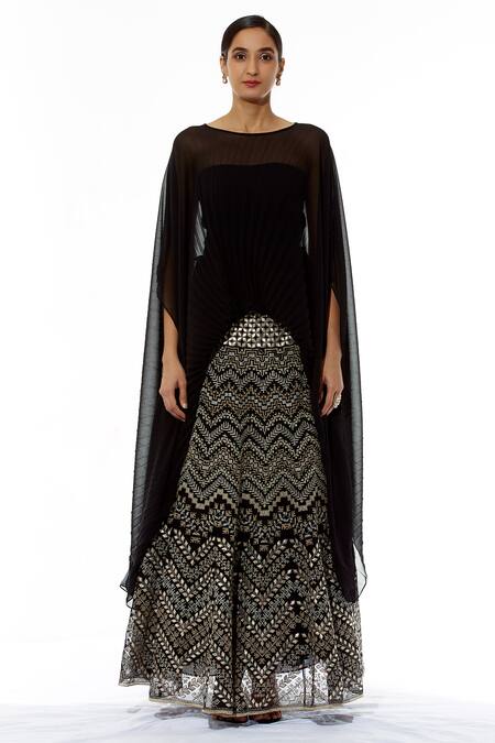 Buy_Kavita Bhartia_Black Georgette Boat Embroidered Lehenga With Organza Top _Online_at_Aza_Fashions