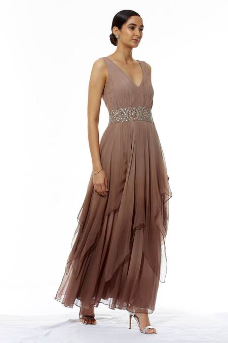 Buy Brown Chiffon V Neck A line Gown For Women by Kavita Bhartia