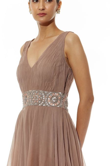 Buy_Kavita Bhartia_Brown Chiffon V Neck A-line Gown _Online_at_Aza_Fashions