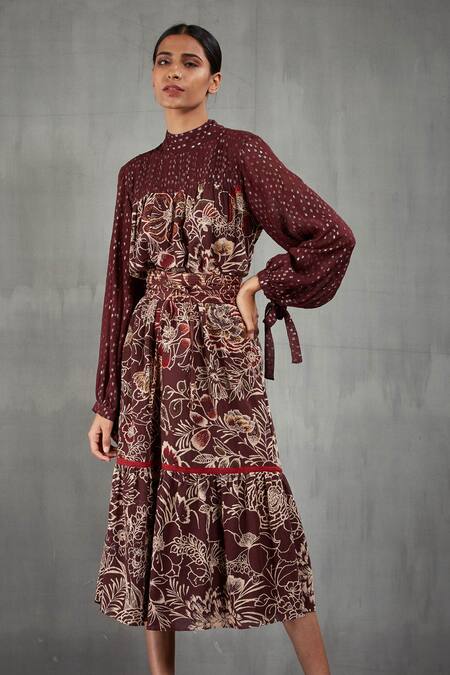 Buy_Kavita Bhartia_Brown Georgette Band Collar Floral Print Dress _Online_at_Aza_Fashions